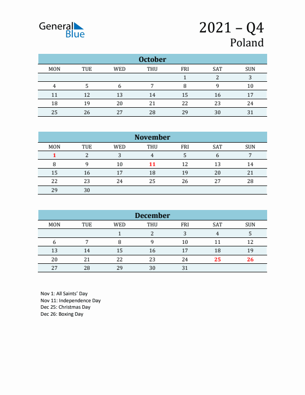 Three-Month Planner for Q4 2021 with Holidays - Poland