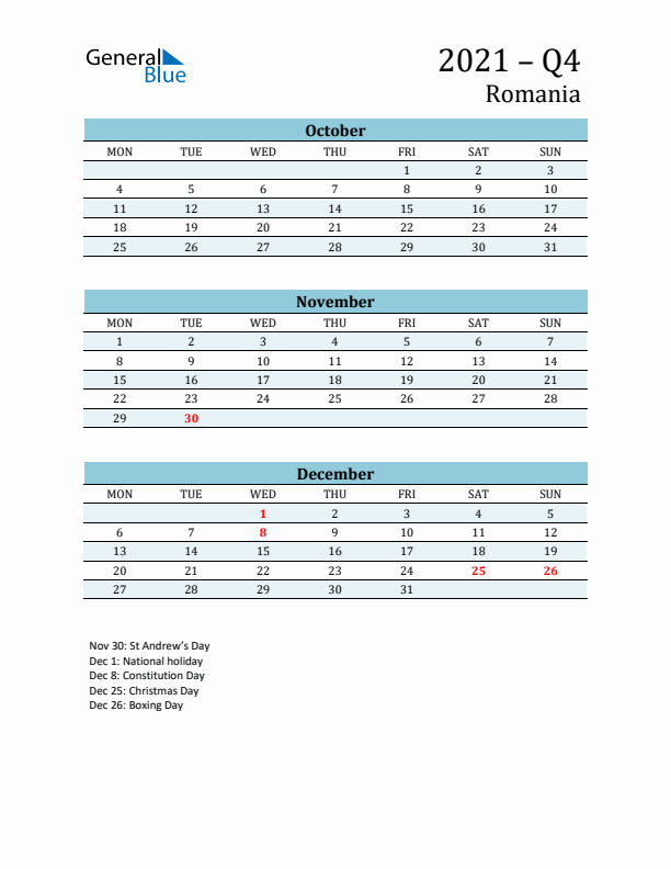 Three-Month Planner for Q4 2021 with Holidays - Romania