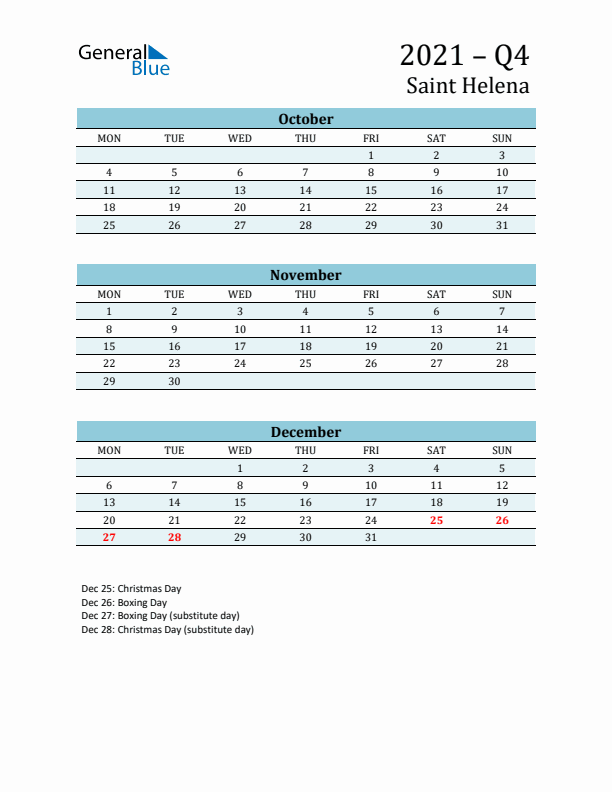Three-Month Planner for Q4 2021 with Holidays - Saint Helena
