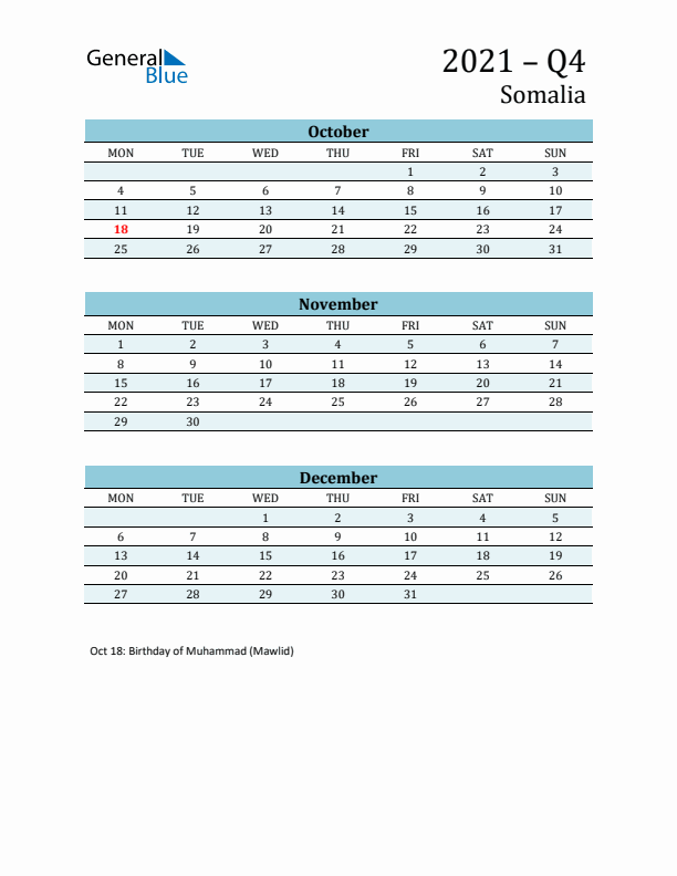 Three-Month Planner for Q4 2021 with Holidays - Somalia