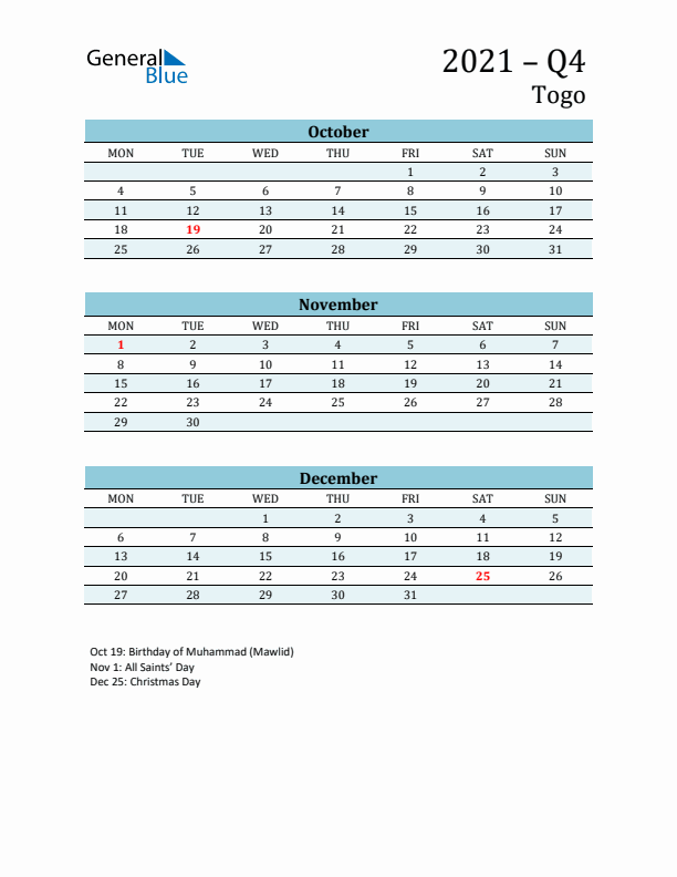 Three-Month Planner for Q4 2021 with Holidays - Togo
