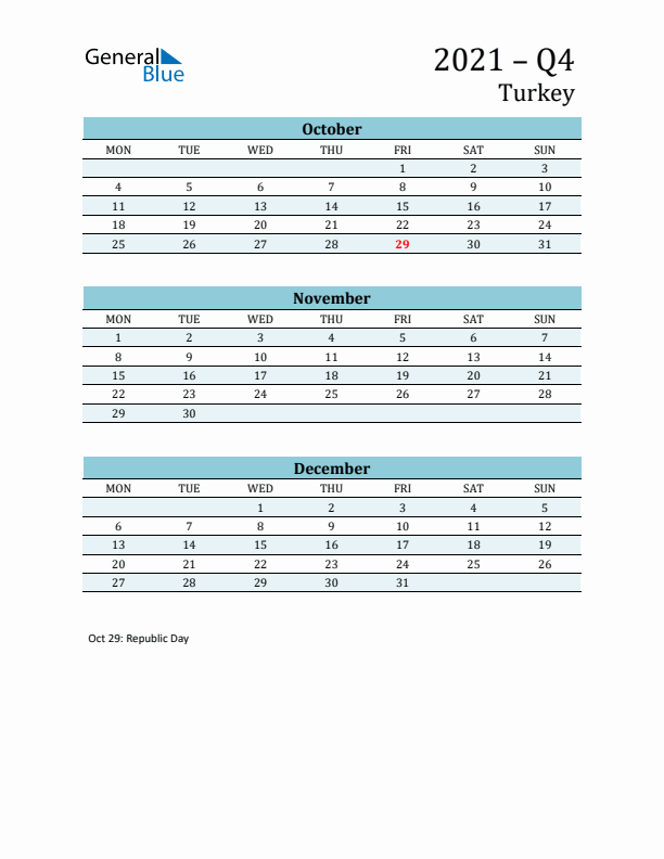 Three-Month Planner for Q4 2021 with Holidays - Turkey