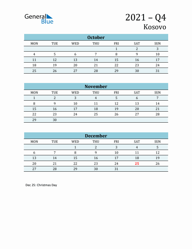 Three-Month Planner for Q4 2021 with Holidays - Kosovo