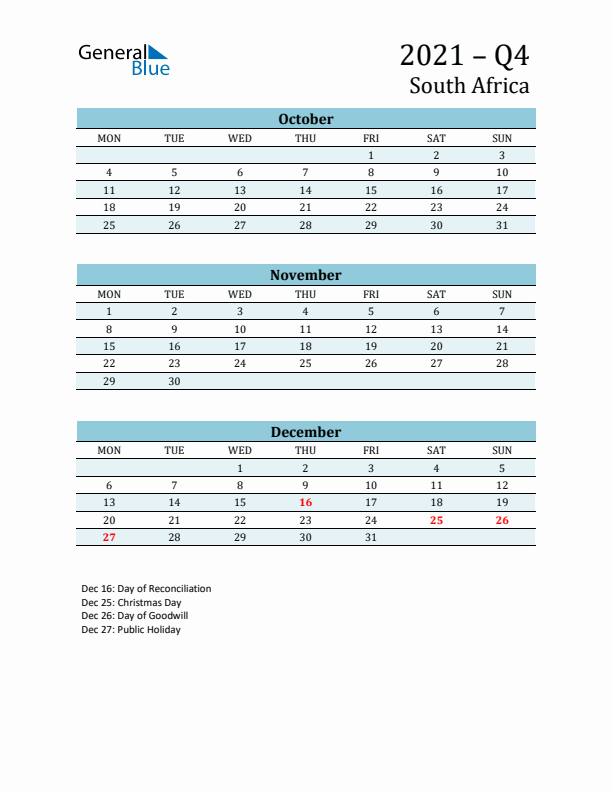Three-Month Planner for Q4 2021 with Holidays - South Africa