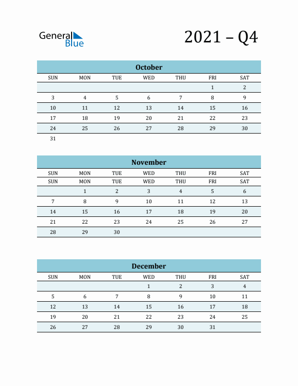 October, November, and December 2021 Calendar