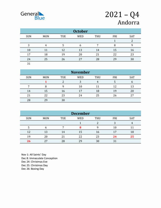 Three-Month Planner for Q4 2021 with Holidays - Andorra