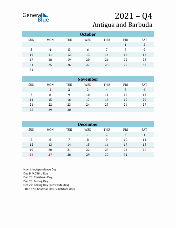 Three-Month Planner for Q4 2021 with Holidays - Antigua and Barbuda