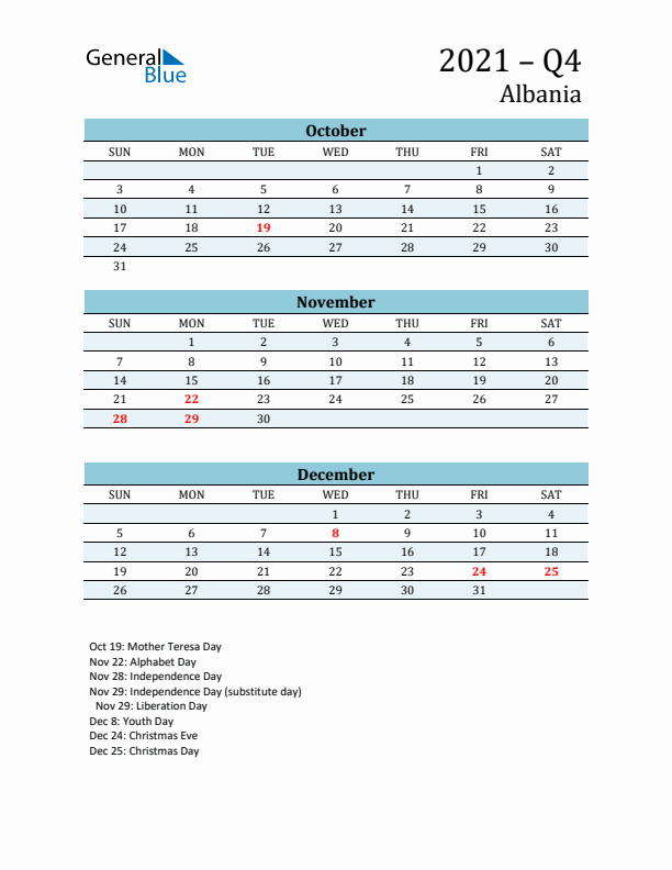 Three-Month Planner for Q4 2021 with Holidays - Albania