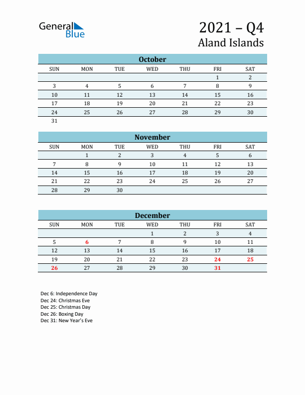 Three-Month Planner for Q4 2021 with Holidays - Aland Islands