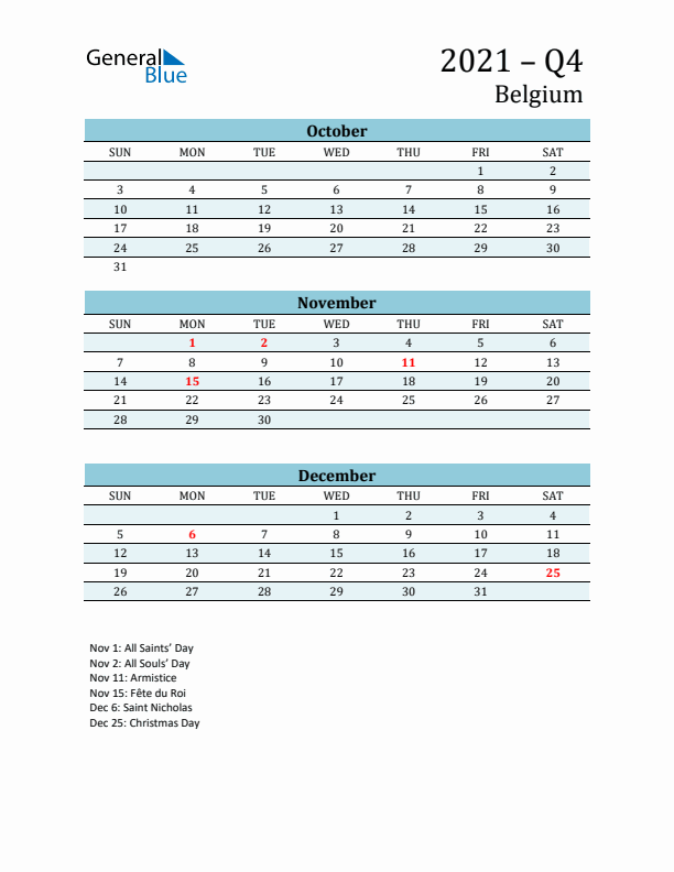 Three-Month Planner for Q4 2021 with Holidays - Belgium