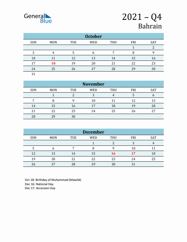 Three-Month Planner for Q4 2021 with Holidays - Bahrain