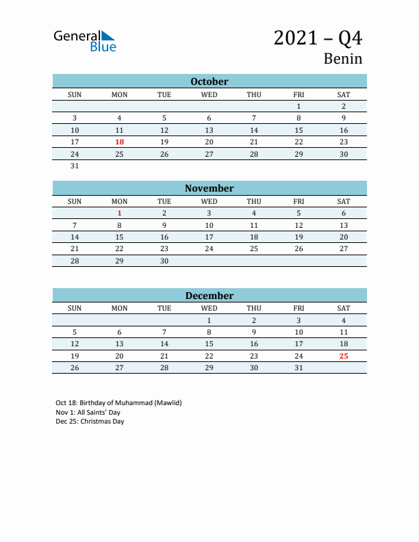 Three-Month Planner for Q4 2021 with Holidays - Benin