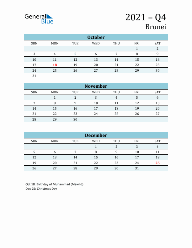 Three-Month Planner for Q4 2021 with Holidays - Brunei