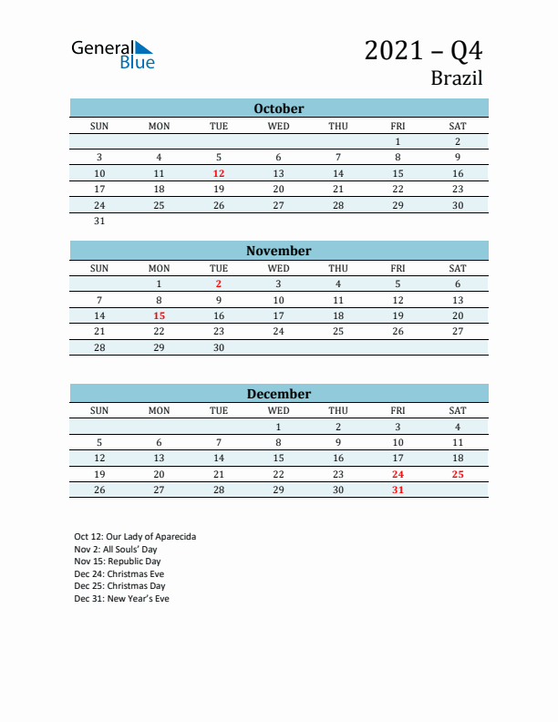 Three-Month Planner for Q4 2021 with Holidays - Brazil