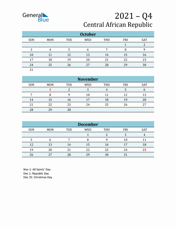Three-Month Planner for Q4 2021 with Holidays - Central African Republic