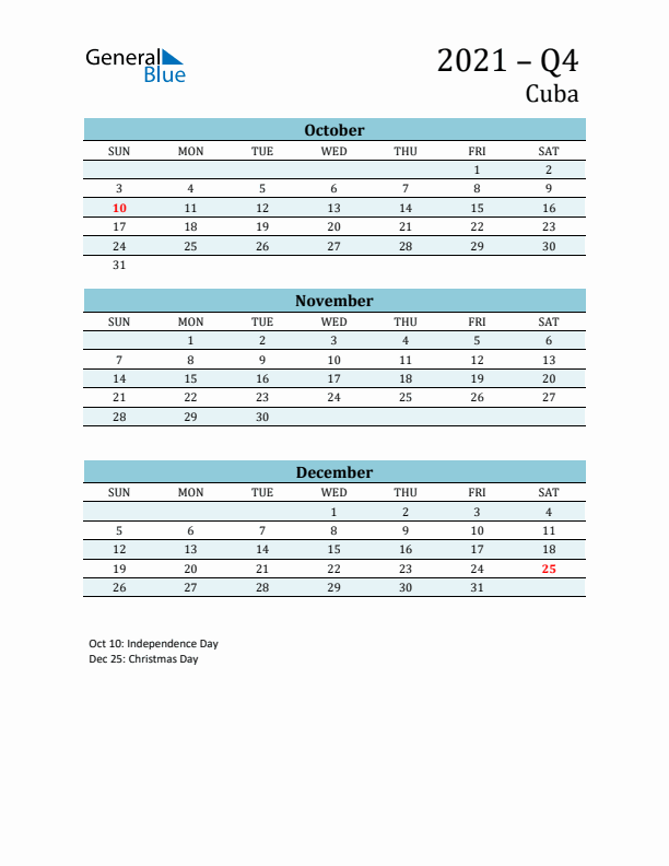 Three-Month Planner for Q4 2021 with Holidays - Cuba