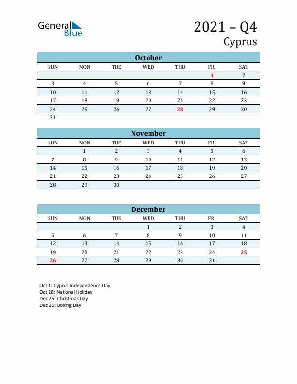 Three-Month Planner for Q4 2021 with Holidays - Cyprus
