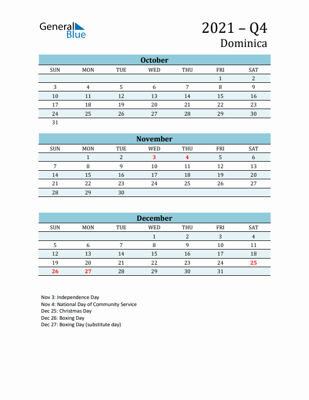 Three-Month Planner for Q4 2021 with Holidays - Dominica