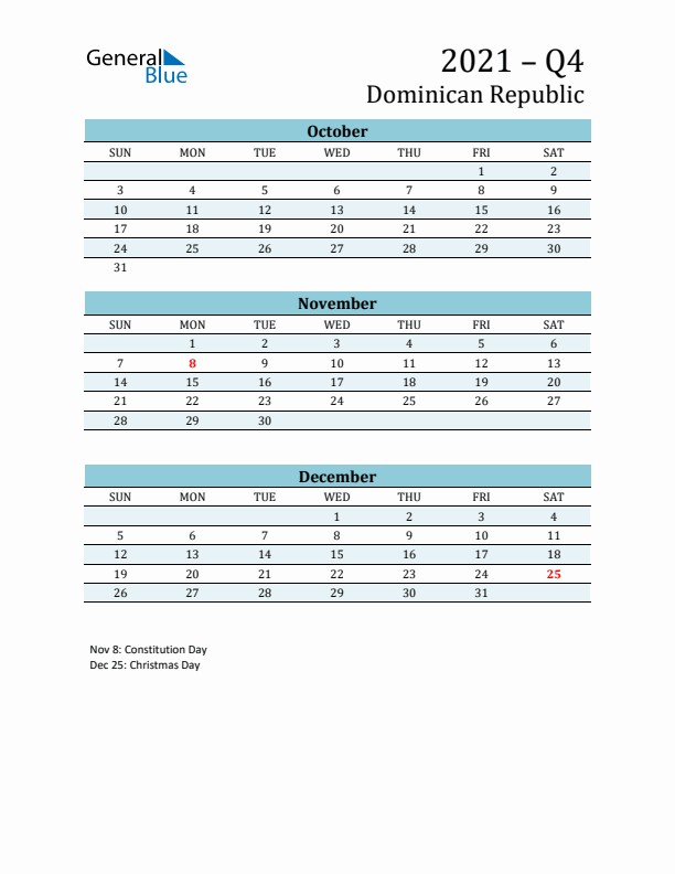 Three-Month Planner for Q4 2021 with Holidays - Dominican Republic