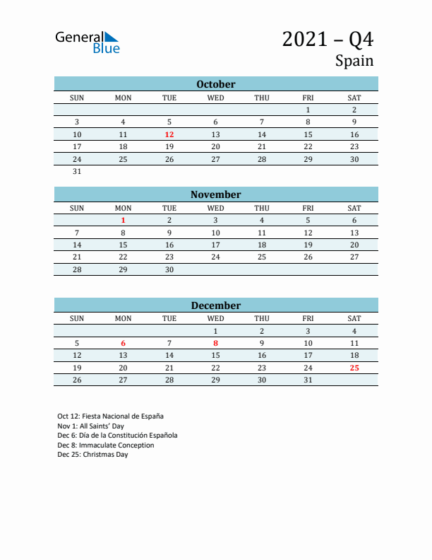 Three-Month Planner for Q4 2021 with Holidays - Spain