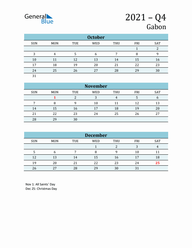 Three-Month Planner for Q4 2021 with Holidays - Gabon