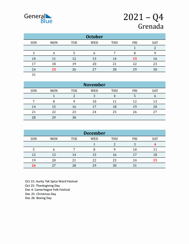 Three-Month Planner for Q4 2021 with Holidays - Grenada