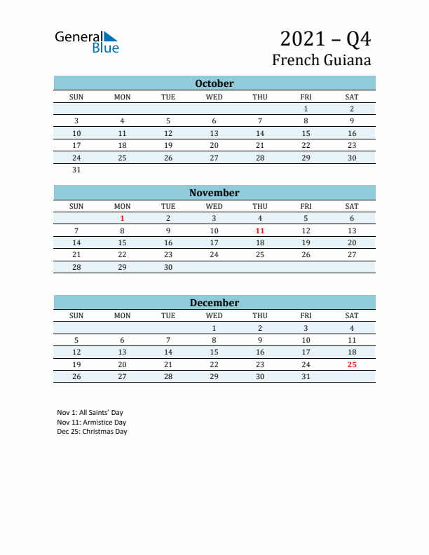 Three-Month Planner for Q4 2021 with Holidays - French Guiana