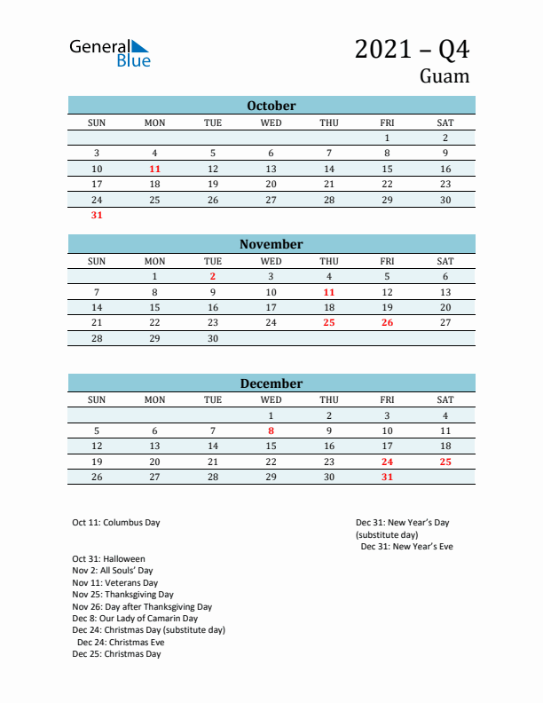 Three-Month Planner for Q4 2021 with Holidays - Guam