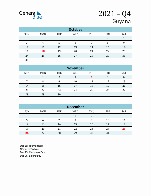 Three-Month Planner for Q4 2021 with Holidays - Guyana