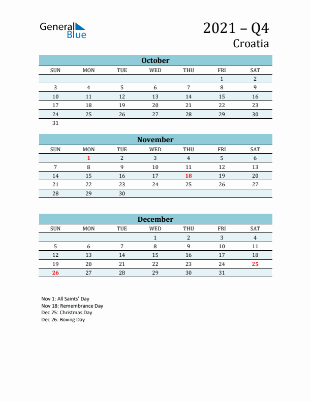 Three-Month Planner for Q4 2021 with Holidays - Croatia