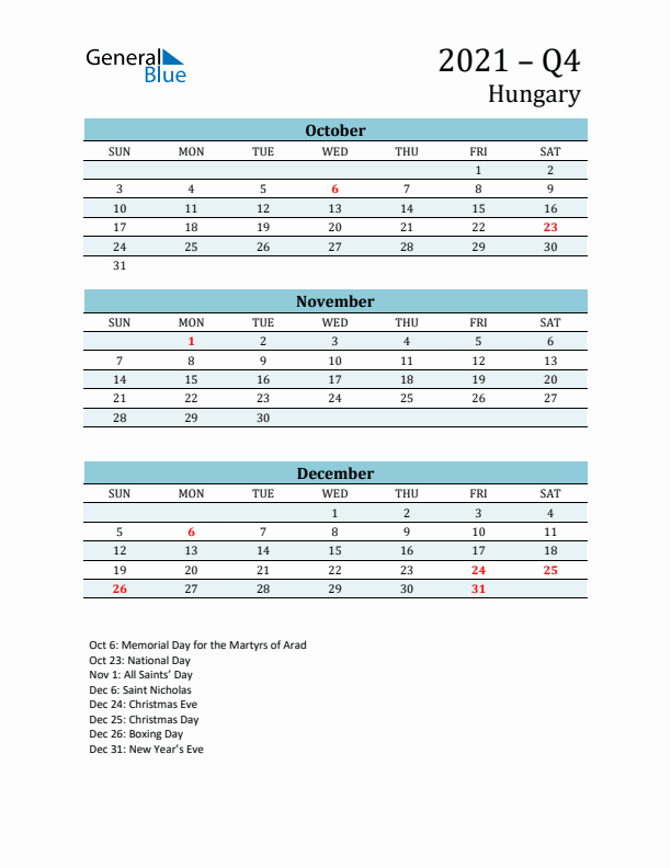 Three-Month Planner for Q4 2021 with Holidays - Hungary