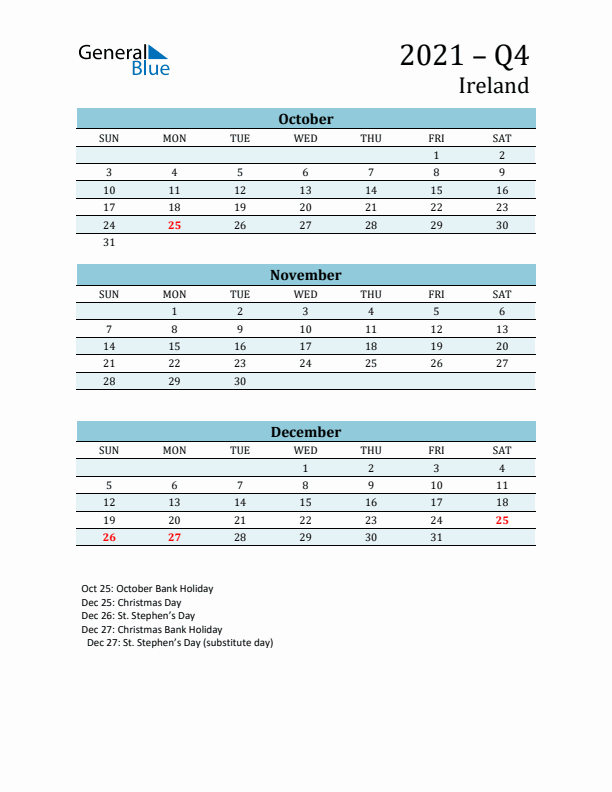 Three-Month Planner for Q4 2021 with Holidays - Ireland