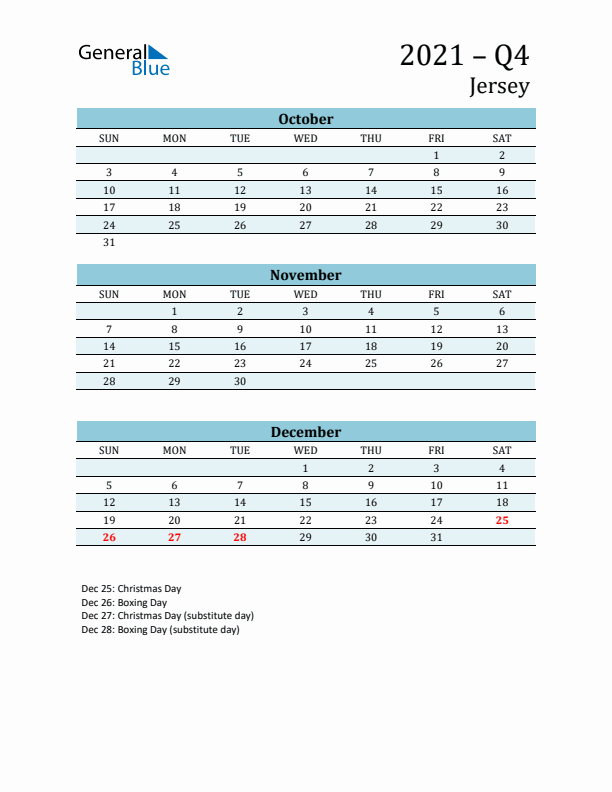 Three-Month Planner for Q4 2021 with Holidays - Jersey