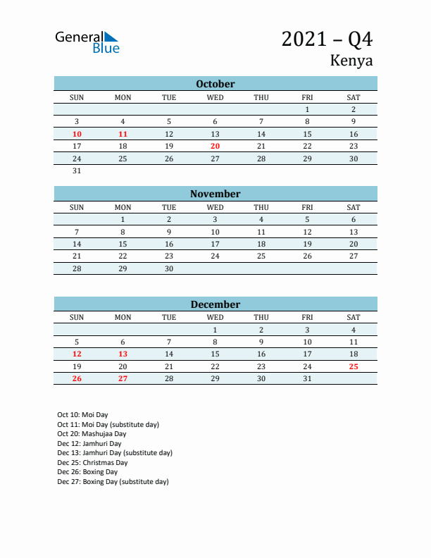 Three-Month Planner for Q4 2021 with Holidays - Kenya