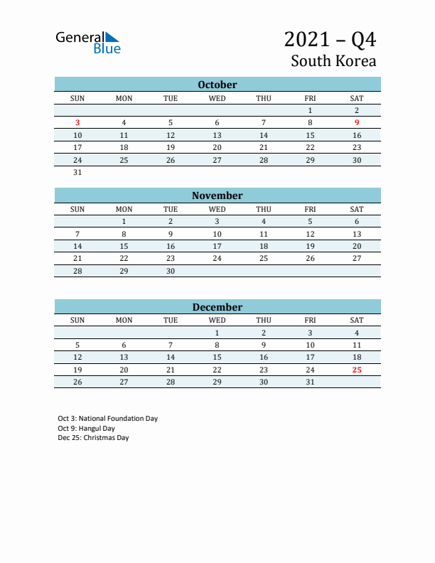 Three-Month Planner for Q4 2021 with Holidays - South Korea