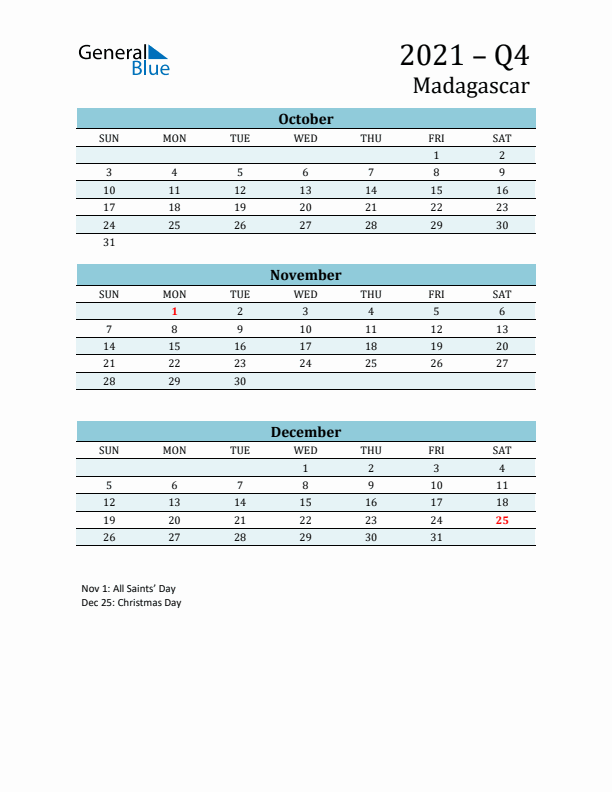 Three-Month Planner for Q4 2021 with Holidays - Madagascar