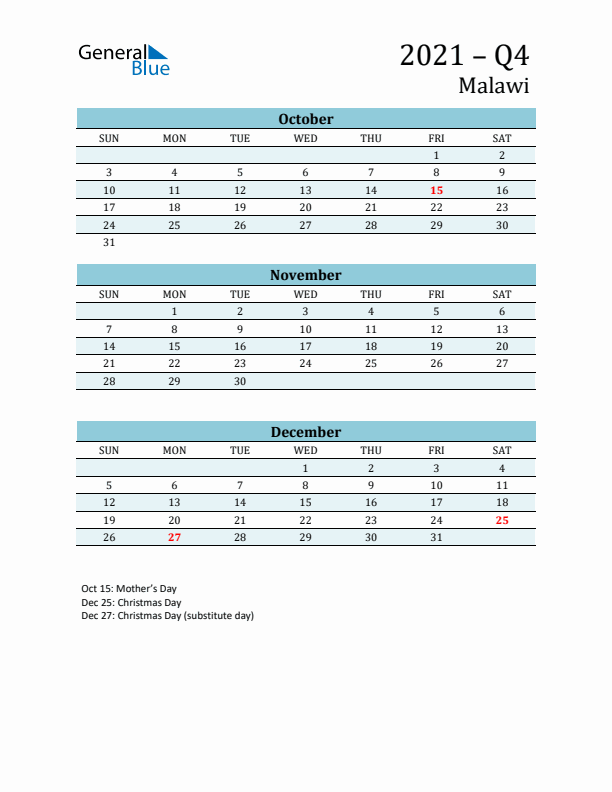 Three-Month Planner for Q4 2021 with Holidays - Malawi