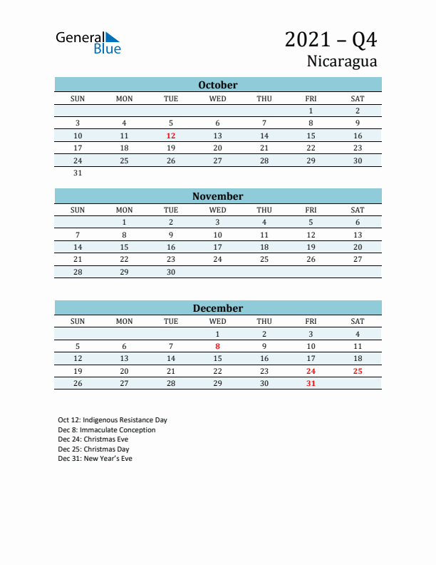 Three-Month Planner for Q4 2021 with Holidays - Nicaragua