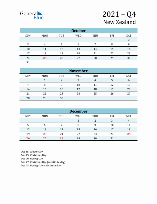 Three-Month Planner for Q4 2021 with Holidays - New Zealand