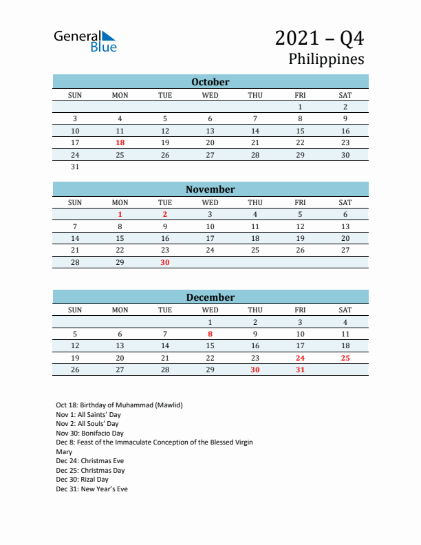 Three-Month Planner for Q4 2021 with Holidays - Philippines