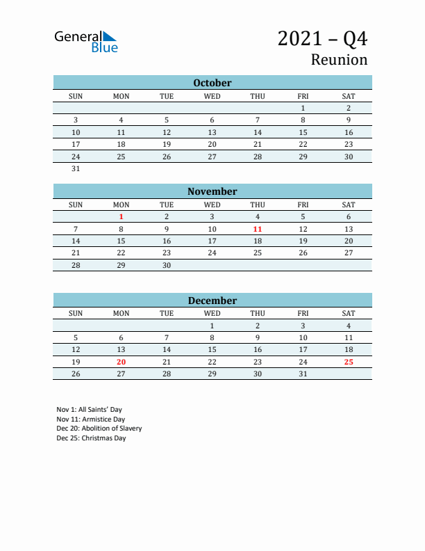 Three-Month Planner for Q4 2021 with Holidays - Reunion