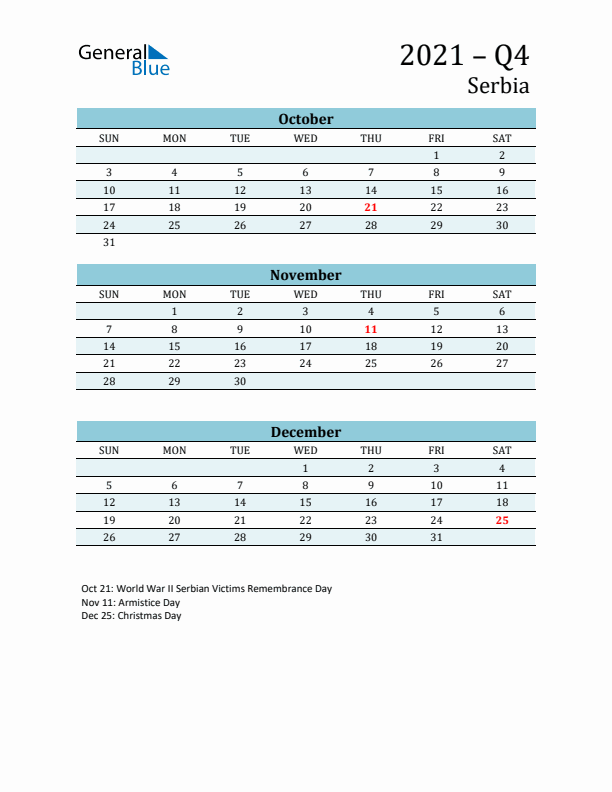 Three-Month Planner for Q4 2021 with Holidays - Serbia