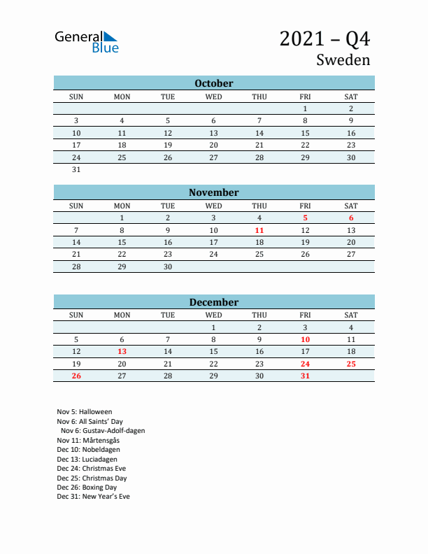 Three-Month Planner for Q4 2021 with Holidays - Sweden
