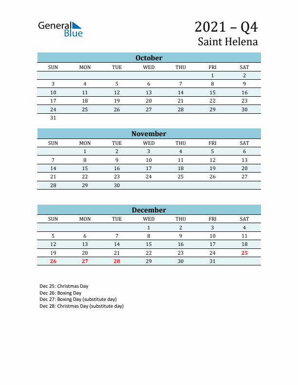 Three-Month Planner for Q4 2021 with Holidays - Saint Helena