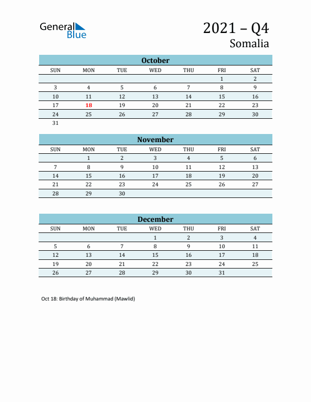 Three-Month Planner for Q4 2021 with Holidays - Somalia