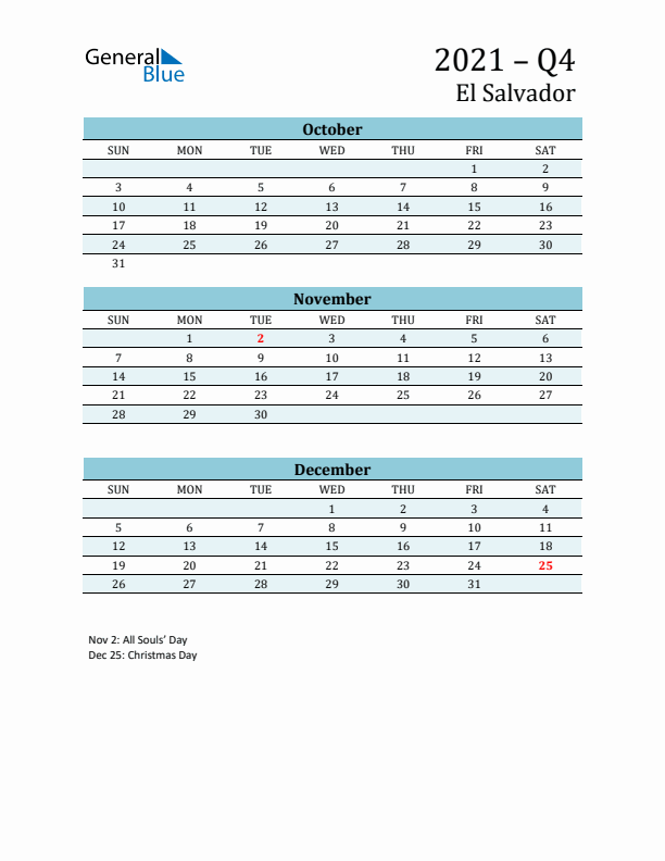 Three-Month Planner for Q4 2021 with Holidays - El Salvador