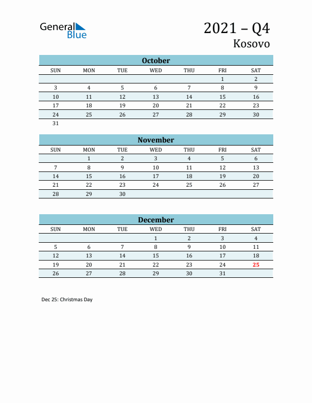 Three-Month Planner for Q4 2021 with Holidays - Kosovo