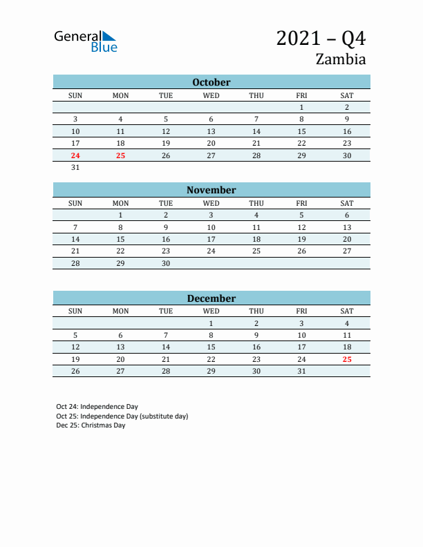Three-Month Planner for Q4 2021 with Holidays - Zambia