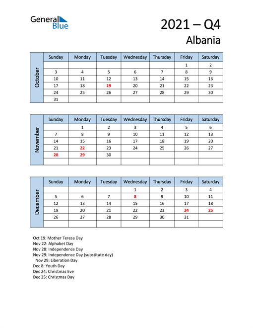  Free Q4 2021 Calendar for Albania