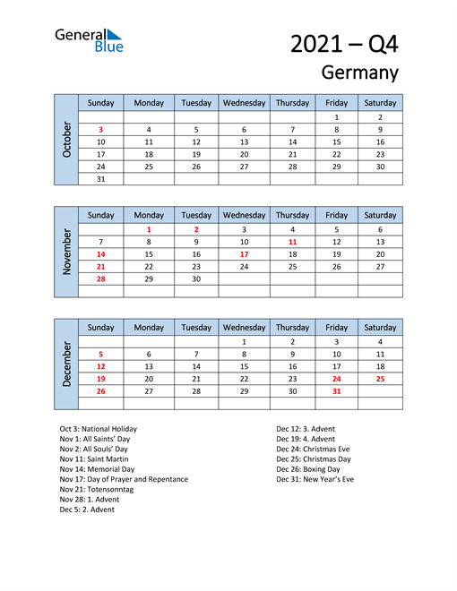  Free Q4 2021 Calendar for Germany